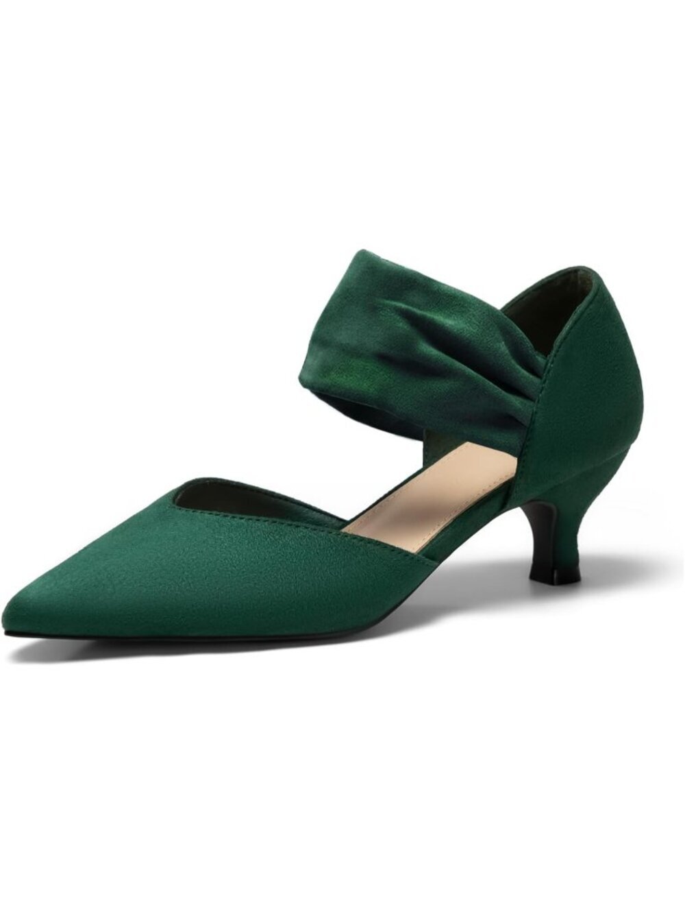 Women's Suede Green Low Kitten Heel Pointed Toe Slip On Pump Ankle Strap Shoes